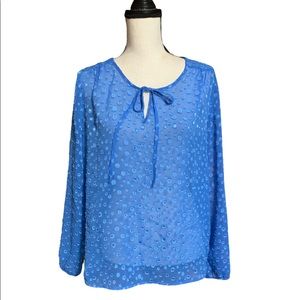 J. Crew Sheer Blue Swiss Dot Tie Neck Top